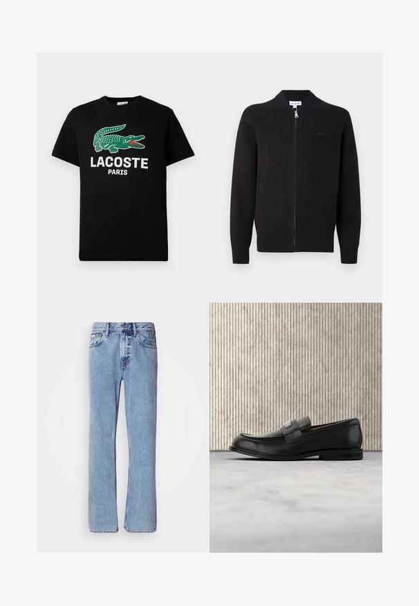 Cardigan zippé noir avec col, poignets et ourlet côtelés, présentant un petit logo brodé sur la poitrine gauche.; T-shirt en coton noir avec un logo de crocodile vert et le texte "LACOSTE PARIS" en blanc. Manches courtes et col rond classique.; Jean en denim bleu clair avec une coupe droite, cinq poches et une fermeture à bouton. Détails de couture près des poches et de la taille.; Mocassin en cuir noir avec une plaque de marque en métal reposant près d'une table ronde marron sur un sol recouvert de moquette beige.