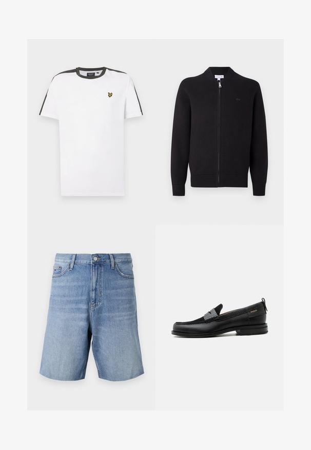 Cárdigan negro con cremallera, con cuello, puños y dobladillo acanalados, que presenta un pequeño logo bordado en el lado izquierdo del pecho.; Camiseta blanca de algodón con cuello redondo, con acentos en negro en los hombros y un pequeño logo amarillo en el lado izquierdo del pecho. Mangas cortas.; Pantalones cortos de denim azul claro con un corte relajado, que presentan un cierre de botón, cinco bolsillos y un desgastado notable en la parte frontal.; Mocasín de cuero negro con detalle de tira gris, tacón bajo y suela texturizada, con la marca "HUGO" en oro en el lateral.