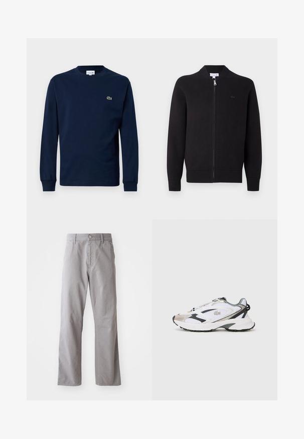Zwarte zip-up cardigan met geribbelde kraag, manchetten en zoom, met een klein geborduurd logo op de linkerborst.; Marineblauw langemouwen t-shirt van katoen, met een ronde hals en een klein groen krokodil logo op de linkerborst.; Grijze katoenen broek met een recht ontwerp, voorzien van een knoopsluiting aan de voorkant en lussen voor een riem. Soepele textuur en minimale details.; Witte sportschoen met zilveren en zwarte accenten, een bovenwerk van mesh, een gestructureerde zool en een gestroomlijnd ontwerp met een logo aan de zijkant.