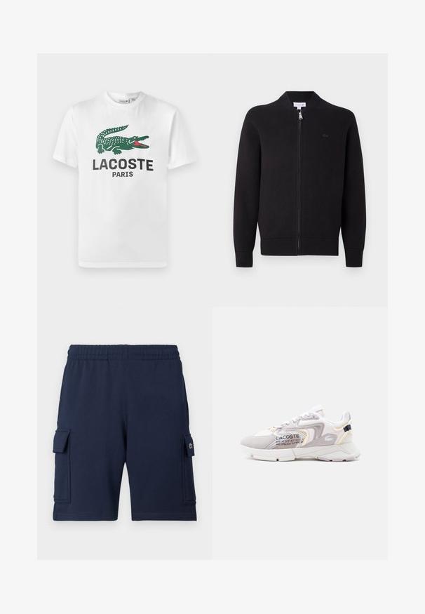 Čierny zip-up kardigán s rebrovaným golierom, manžetami a spodným lemom, s malým vyšitým logom na ľavej hrudi.; Lacoste Tričko s potlačou - white; Námornícky modré cargo šortky vyrobené z mäkkej látky, s elastickým pásom, dvoma bočnými vreckami a malým logom na ľavom vrecku.; Biela a svetlosivá teniska Lacoste s panelmi z mäšky, semišovými detailmi, hrubou podrážkou a potlačenými súradnicami na boku.