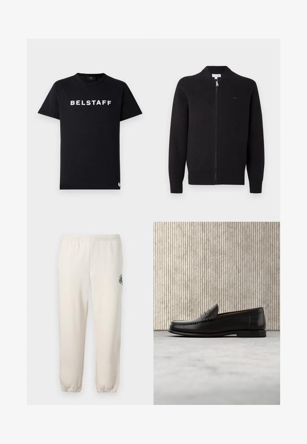 Schwarze, heraustrennbare Strickjacke mit geripptem Kragen, Bündchen und Saum, mit einem kleinen gestickten Logo auf der linken Brust.; Schwarzes Baumwoll-T-Shirt mit Rundhalsausschnitt, kurzen Ärmeln und weißem "BELSTAFF"-Logo, das über die Brust gedruckt ist.; Helle beige Sweatpants aus Baumwolle mit einem elastischen Bund, gerippten Bündchen und einem grünen Logo mit Blattdesign am linken Bein.; Schwarzer Pennyloafer aus Leder mit niedrigem Absatz, abgerundeter Spitze und genähten Details vorne und an den Seiten, gezeigt vor neutralem Hintergrund.