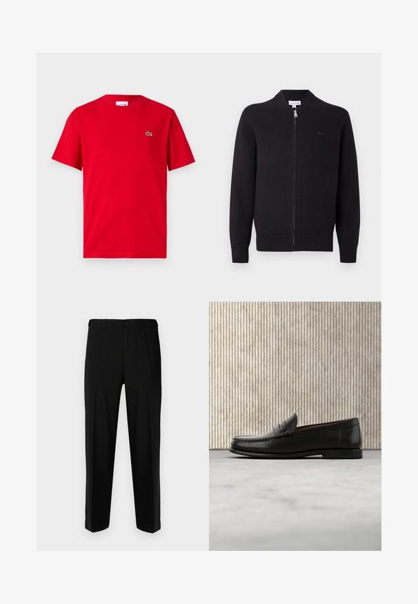 Sort zip-up cardigan med ribbet krave, manchetter og bund, med et lille broderet logo på venstre bryst.; Rød bomulds T-shirt med korte ærmer, rund hals, og et lille grønt krokodillelogo på venstre bryst. Glat tekstur, afslappet pasform.; Sorte bukser lavet af glat stof, med lige snit, to forlommer og lynlås med knaplukning.; Sort læder penny loafer med lav hæl, rundet tå og syningsdetaljer langs fronten og siderne, vist på neutral baggrund.