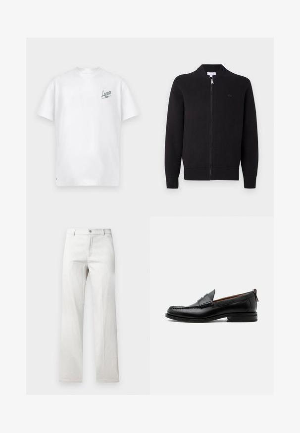 Μαύρη ζακέτα με φερμουάρ, με ραμμένο κολάρο, μανίκια και τελείωμα, που διαθέτει ένα μικρό κεντητό λογότυπο στο αριστερό στήθος.; Λευκό βαμβακερό T-shirt με στρογγυλή λαιμόκοψη και κοντά μανίκια. Διαθέτει πράσινο λογότυπο "Lacoste Paris" στη αριστερή πλευρά του στήθους. Μαλακή υφή.; Ανοιχτό γκρι παντελόνι με ίσια γραμμή, φτιαγμένο από λείο ύφασμα, διαθέτοντας μπροστινό κούμπωμα και πλάγιες τσέπες.; Μαύρο δερμάτινο ανδρικό μοκασίνι με ραφή moc toe, λουράκι penny, υφασμένο γιακά και χαμηλό συστοιχισμένο τακούνι σε λευκό φόντο.
