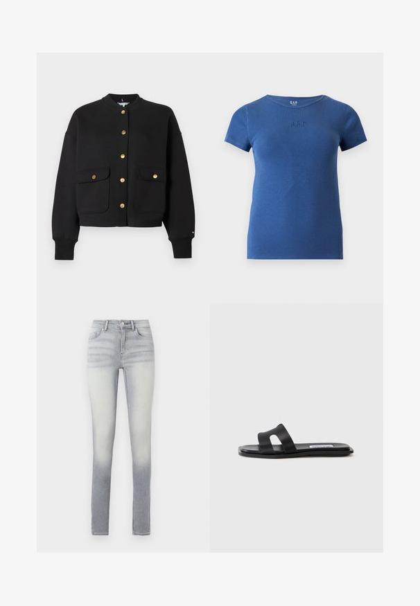 Veste noire boutonnée avec manches longues, deux poches avant à rabat, boutons dorés et poignets et col côtelés.; T-shirt bleu côtelé à manches courtes avec col rond et petit logo GAP embossé sur la poitrine.; Jeans skinny bleu clair avec un dégradé, comportant cinq poches, une fermeture à bouton à l'avant et un léger délavage au niveau de la cuisse.; Sandale plate noire avec deux larges brides, un détail découpé sur une des brides et une finition lisse mate. Semelle fine et flexible.