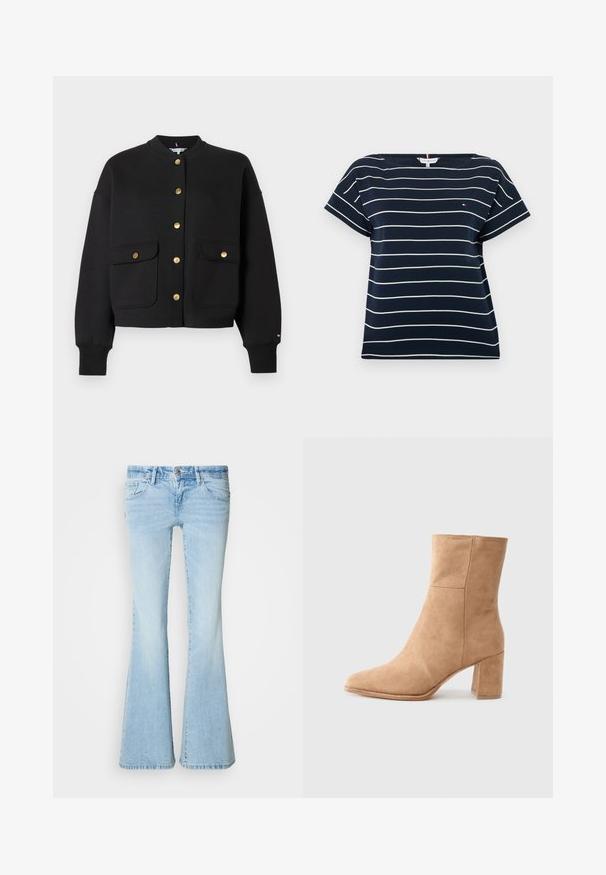 Zwarte jas met knopen, lange mouwen, twee voorzakken met klep, gouden knopen en geribde manchetten en kraag.; Marineblauw T-shirt met korte mouwen, witte horizontale strepen en een klein Tommy Hilfiger-logo op de borst.; Lichtblauwe uitlopende spijkerbroek gemaakt van denim. Voorzien van vijf zakken, een knoopsluiting en een verweerde wassing met subtiele kreukjes.; Beige leren enkelboot met een spitse neus, blokhak en een gladde textuur. Beschikt over minimale stiksels voor een strakke uitstraling.