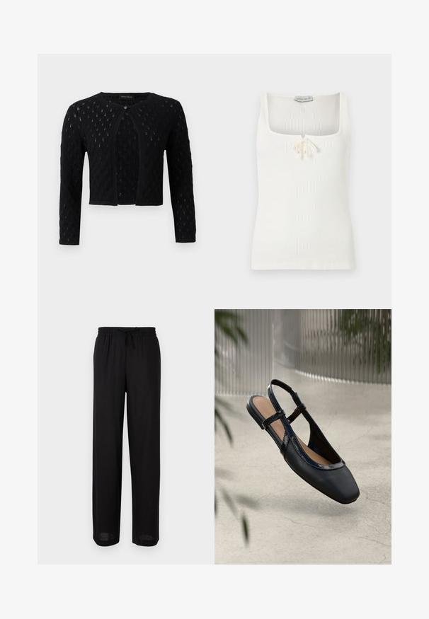 Cardigan court en maille noire à manches longues avec une fermeture à un bouton et un motif ajouré texturé.; Débardeur blanc côtelé sans manches avec un décolleté carré et un petit nœud noué au centre devant.; Pantalon noir ample avec taille élastique et cordon de serrage, coupe droite, adapté pour une tenue décontractée.; Chaussure plate slingback en cuir noir avec un orteil carré, dotée d'un fini verni brillant et de sangles ajustables pour un maintien sécurisé.