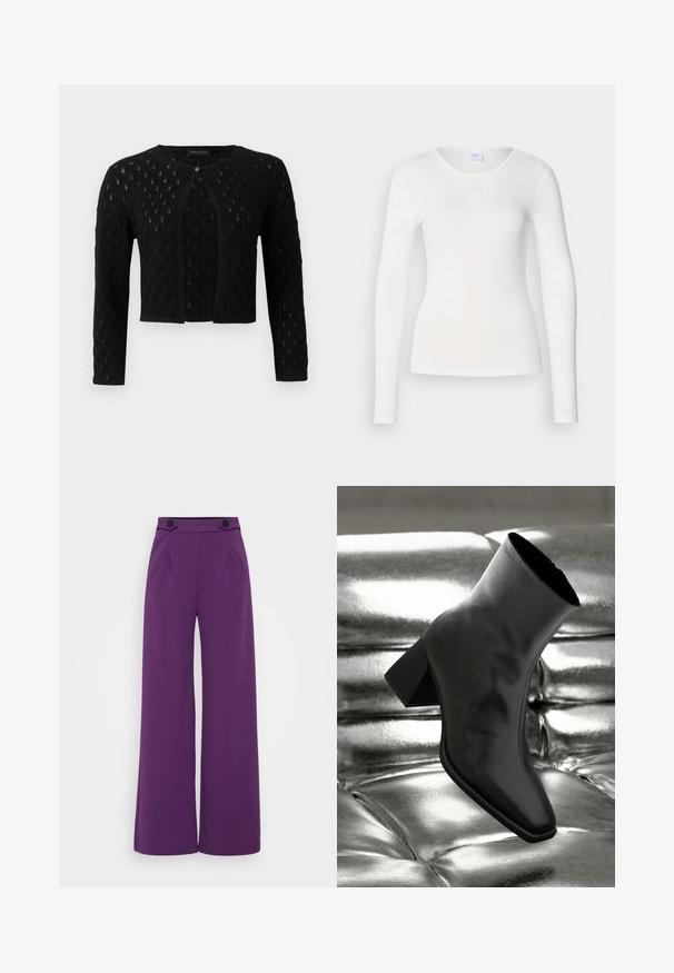 Sort strikket cropped cardigan med lange ærmer, enkelt knaplukning og tekstureret hulmønster.; Hvid langærmet skjorte lavet af et blødt, glat stof; har en rund halsudskæring og en tætsiddende facon uden mønstre eller pynt.; Vibbrante purple bredde ben bukser lavet af glat stof, med en skræddersyet talje, der har to sorte knapper og frontfolder.; Sorte ankelstøvler lavet af glossy materiale med firkantet tå og spidse hæle, sat mod en skinnende sølv tuftet baggrund.