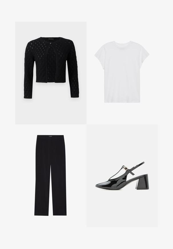 Sort strikket cropped cardigan med lange ærmer, enkelt knaplukning og tekstureret hulmønster.; Hvid kortærmet t-shirt med rund hals, afslappet pasform, lavet af blødt bomuldsstof. Glat tekstur, ingen mønstre eller logoer.; Sorte fløjl bukser med lige snit, der har en flad talje og ingen synlige lommer, glat tekstur og lodrette ribbede detaljer.; Sort laklæder lavhælet slingback sko med spids tå og T-rem med lille guldbøjle.