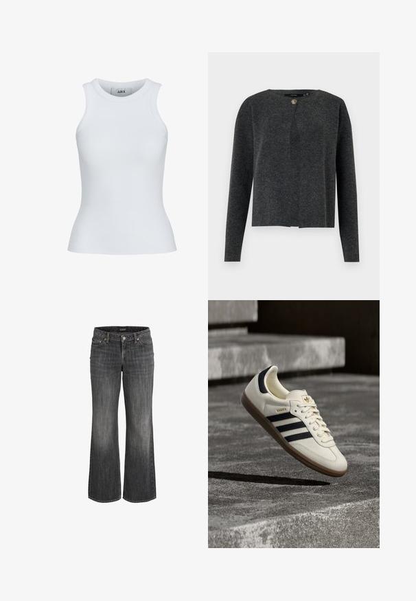 Vero Moda Knitted VMMARINA Knit - Strickjacke - dark grey melange; Weißes, geripptes Tanktop mit runder Ausschnittform und ärmellosem Design. Hat eine Slim-Fit-Passform und eine weiche Textur, ideal zum Lagenlook.; Schwarze, verwaschene Straight-Leg-Jeans aus Denim mit Frontknopf, Gürtelschlaufen und Fünf-Taschen-Design.; Weißer Adidas Samba Sneaker mit schwarzen Streifen und Gummisohle, schwebend über strukturierten grauen Betontreppen.