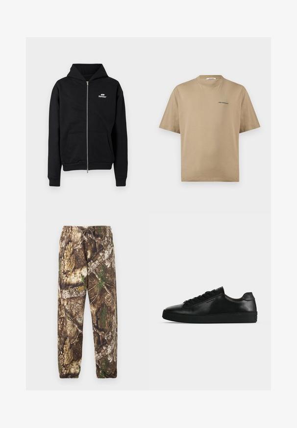 Sort lynlåshættejakke med forlommer og et lille hvidt "bareen"-logo på venstre bryst, vist på en ensfarvet baggrund.; Beige kortærmet t-shirt med rund hals og lille mørkt "Holzweiler"-logo på venstre bryst mod hvid baggrund.; Camo sweatpants med et brunt og grønt naturligt mønster, der har en elastisk talje med snore og elastiske manchetter ved anklerne.; Sort lavtop lædersneaker med sorte snørebånd og en tyk sort sål, vist fra siden på en lysegrå baggrund.