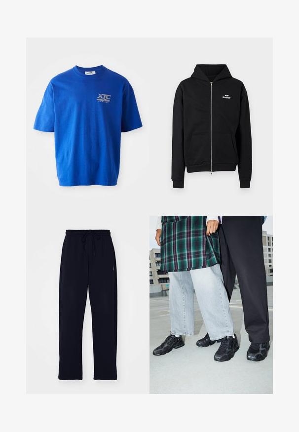 Sudadera negra con cremallera, bolsillos frontales y un pequeño logo blanco "bareen" en el pecho izquierdo, presentada sobre un fondo liso.; Camiseta de algodón azul con mangas cortas, con un logo gris en la parte superior izquierda del pecho, escote redondo y un corte relajado.; Pantalones de chándal negros hechos de tela suave. Cuentan con una cinturilla elástica con cordón y bolsillos laterales. Diseñados con pierna recta.; Zapatillas deportivas negras con acentos de malla y goma. Combinadas con jeans de pierna ancha de color gris claro y una blusa de cuadros verdes. Fondo de superficie plana.