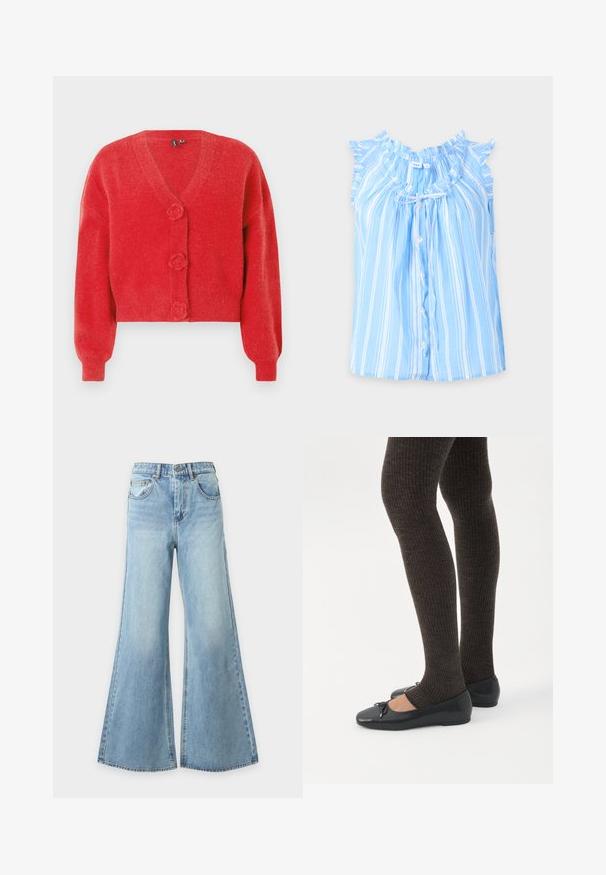 Cardigan rouge avec un col en V, trois boutons décoratifs en forme de fleur et des poignets côtelés. Fabriqué en tissu souple et texturé. Coupe courte.; Blouse sans manches bleu clair avec des rayures blanches verticales, col et manches à volants, boutons à l'avant et petit nœud au col.; Jean bleu clair à jambes larges en denim avec fermeture à bouton et fermeture éclair à l'avant, passants de ceinture et poches avant, présenté sur un fond uni.; Jambes portant des leggings côtelés foncés associés à des ballerines noires avec de petits détails en nœud sur fond blanc.