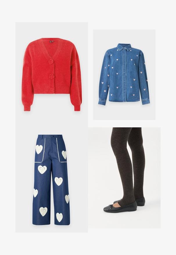 Rød cardigan med V-hals, tre dekorative knapper formet som blomster og ribbede manchetter. Lavet af blødt, struktureret stof. Kort pasform.; Blå denim langærmet skjorte med krave, knaplukning foran og små lyserøde broderede hjerte-mønstre spredt over stoffet.; Sister Jane HEART TO HEART - Jeans Straight Leg - blue denim; Ben iført mørke ribbede leggings kombineret med sorte balletsko med små sløjfedetaljer på hvid baggrund.