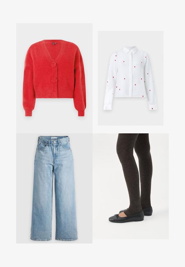 Cárdigan rojo con cuello en V, tres botones decorativos en forma de flor y puños de canalé. Hecho de tela suave y texturizada. Corte cropped.; Blusa blanca de manga larga con botones, con patrones de corazones bordados en rojo y cuello puntiagudo, mostrada sobre un fondo neutral.; Vaqueros de pierna ancha de color azul claro con una cintura alta, confeccionados en tejido de denimbre. Presentan un diseño clásico de cinco bolsillos y herrajes metálicos.; Piernas con leggings oscuros acanalados combinados con bailarinas negras que presentan pequeños detalles de lazo sobre un fondo blanco.