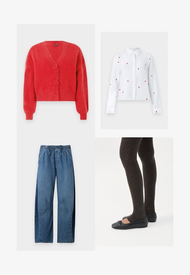 Cardigan rouge avec un col en V, trois boutons décoratifs en forme de fleur et des poignets côtelés. Fabriqué en tissu souple et texturé. Coupe courte.; Blouse blanche à manches longues avec boutons, motifs de cœurs rouges brodés et col pointu, présentée sur un fond neutre.; Pantalon en jean bleu coupe ample avec taille élastique et cordon, avec poches latérales et détails cousus aux genoux.; Jambes portant des leggings côtelés foncés associés à des ballerines noires avec de petits détails en nœud sur fond blanc.