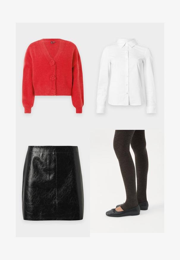 Cardigan rouge avec un col en V, trois boutons décoratifs en forme de fleur et des poignets côtelés. Fabriqué en tissu souple et texturé. Coupe courte.; Chemise blanche à manches longues avec boutons, col pointu, ourlet droit et silhouette ajustée, présentée sur un fond clair uni.; Jupe mini en cuir synthétique noir avec une texture lisse et brillante, présentant une coupe droite et des coutures minimales au niveau de la taille.; Jambes portant des leggings côtelés foncés associés à des ballerines noires avec de petits détails en nœud sur fond blanc.