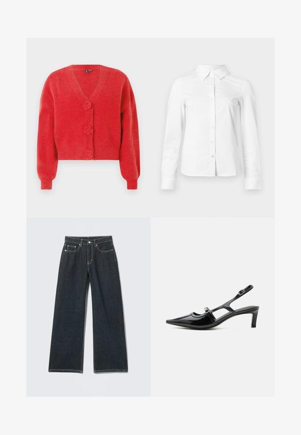 Roter Cardigan mit V-Ausschnitt, drei dekorativen, blumenförmigen Knöpfen und gerippten Bündchen. Hergestellt aus weichem, strukturiertem Stoff. Kurz geschnittene Passform.; Weißes langärmeliges Hemd mit spitzem Kragen, geradem Saum und taillierter Silhouette, auf hellem, einfarbigem Hintergrund dargestellt.; Dunkelblaue Jeans mit weitem Bein, vorn mit Knöpfen, Reißverschluss, Gürtelschlaufen und fünf Taschen, auf hellem einfarbigem Hintergrund.; Schwarzer Slingback-Schuh aus Lackleder mit spitzer Kappe, niedrigem Absatz und zwei verstellbaren Schnallenriemen, seitlich dargestellt.