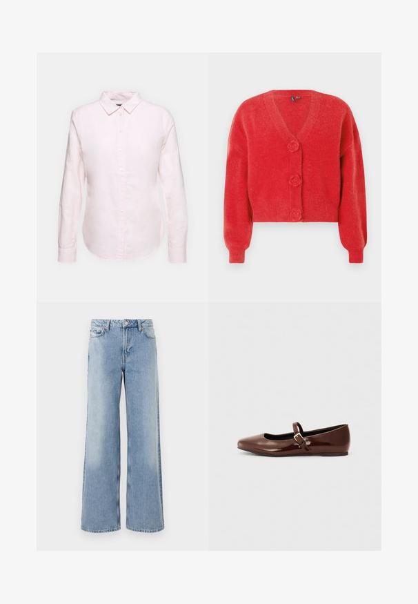 Rød cardigan med V-hals, tre dekorative knapper formet som blomster og ribbede manchetter. Lavet af blødt, struktureret stof. Kort pasform.; Lyserød langærmet skjorte med button-down krave, der har en lige kant og blød tekstur, lavet af letvægts bomuldsstof.; Lyseblå vide jeans med en falmet vask, fem lommer, knaplukning og lige kanter. Fremstillet af denim med en glat struktur.; Brun patentlæder balletflade med firkantet tå og strop med en lille guldbuckle. Glat tekstur, lav hæl og minimalistisk design.