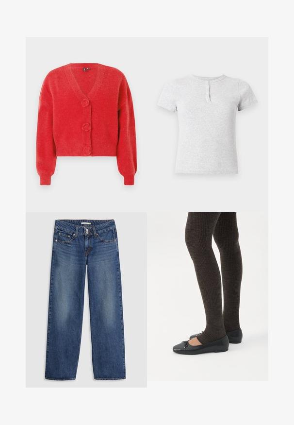 Rød cardigan med V-hals, tre dekorative knapper formet som blomster og ribbede manchetter. Lavet af blødt, struktureret stof. Kort pasform.; Lysegrå T-shirt med korte ærmer, rund hals og tre-knaps lukning foran.; Blå denim bredbenede jeans med knaplukning, fem lomme-design, let falming på lårene og syningsdetaljer på sømmene.; Ben iført mørke ribbede leggings kombineret med sorte balletsko med små sløjfedetaljer på hvid baggrund.