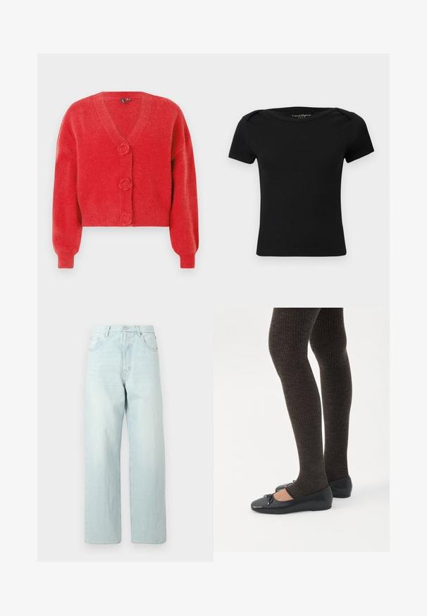 Cardigan rouge avec un col en V, trois boutons décoratifs en forme de fleur et des poignets côtelés. Fabriqué en tissu souple et texturé. Coupe courte.; Haut noir côtelé à manches courtes ajusté avec encolure bateau et étiquette "Casual Elegance ONLY" à l'intérieur du col.; Jean large en denim bleu clair à taille haute, doté de cinq poches, d'une fermeture par bouton et d'un léger délavage.; Jambes portant des leggings côtelés foncés associés à des ballerines noires avec de petits détails en nœud sur fond blanc.