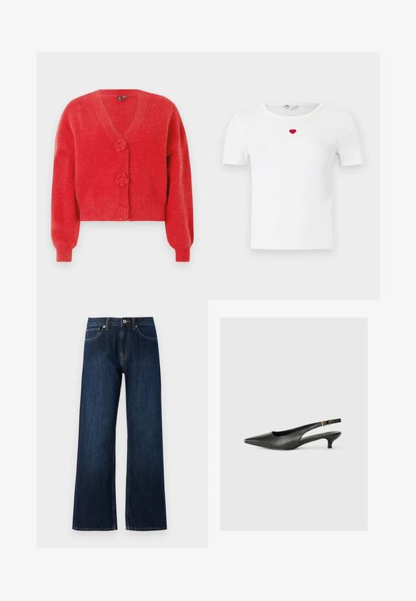 Cardigan rouge avec un col en V, trois boutons décoratifs en forme de fleur et des poignets côtelés. Fabriqué en tissu souple et texturé. Coupe courte.; T-shirt blanc à manches courtes côtelées avec un petit cœur rouge brodé au centre de la poitrine, sous l'encolure.; Jeans en denim bleu foncé à jambe large, avec une fermeture éclair, un bouton, et deux poches avant avec des coutures contrastantes.; Chaussure slingback noire à bout pointu en cuir lisse. Présente un talon fin et un détail de boucle sur la sangle réglable.