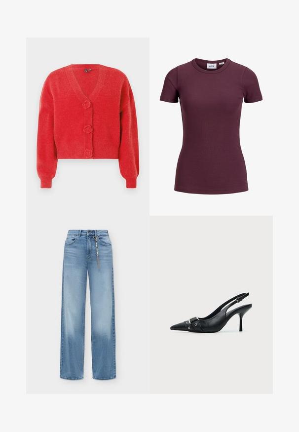 Cardigan rouge avec un col en V, trois boutons décoratifs en forme de fleur et des poignets côtelés. Fabriqué en tissu souple et texturé. Coupe courte.; T-shirt côtelé ajusté à manches courtes couleur prune foncée avec col rond et étiquette avant indiquant la marque JJXX et la taille 5.; Jean bleu clair à jambes larges avec bouton et fermeture éclair à l'avant, poches avant, et chaîne décorative à perles suspendue à une boucle de ceinture.; Escarpin slingback à talon haut en cuir noir avec bout pointu, boucle et détail de bride œillet à l'avant.