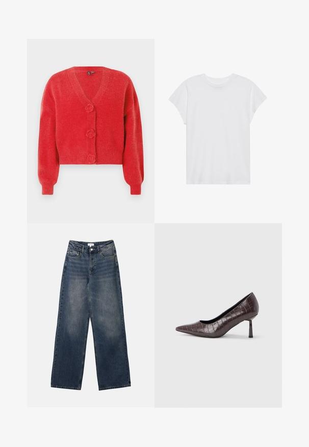 Rød cardigan med V-hals, tre dekorative knapper formet som blomster og ribbede manchetter. Lavet af blødt, struktureret stof. Kort pasform.; Hvid kortærmet t-shirt med rund hals, afslappet pasform, lavet af blødt bomuldsstof. Glat tekstur, ingen mønstre eller logoer.; Mænds højtaljede blå denim jeans med brede ben, frontknap og lynlås samt for- og baglommer.; Brune kunstlæder stiletter med spidse tæer og krokodilletekstur, der har en slank, vinklet hæl og en glat inderside.