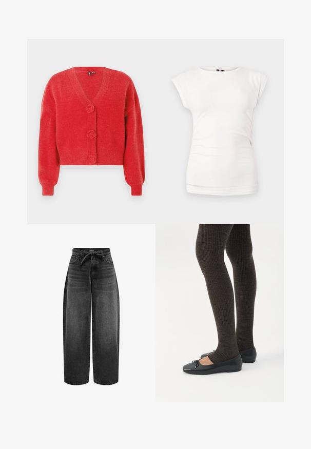 Rød cardigan med V-hals, tre dekorative knapper formet som blomster og ribbede manchetter. Lavet af blødt, struktureret stof. Kort pasform.; Hvid tætsiddende T-shirt med korte ærmer og rund hals på ensfarvet baggrund med let rynkedetalje i siden.; ONLY Straight fit ONLGIANNA Mid waist Balloon - Jeans Straight Leg - washed black; Ben iført mørke ribbede leggings kombineret med sorte balletsko med små sløjfedetaljer på hvid baggrund.