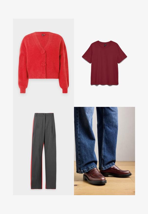 Rød cardigan med V-hals, tre dekorative knapper formet som blomster og ribbede manchetter. Lavet af blødt, struktureret stof. Kort pasform.; T-shirts med korte ærmer og rund hals i ensfarvet mørkerød, vist fladt på en hvid baggrund.; Mørkegrå bukser med lige ben og slank pasform, med knap- og lynlåslukning og røde sidelommer på hvid baggrund.; Person iført brune læder loafers og blå jeans står på et trægulv mod en neutral baggrund.