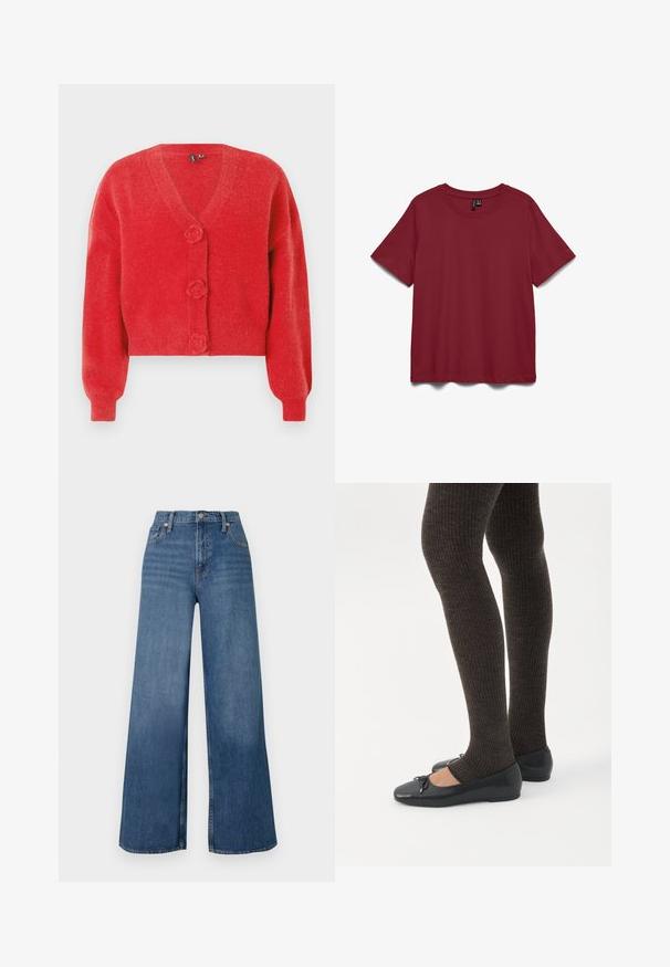Cardigan rouge avec un col en V, trois boutons décoratifs en forme de fleur et des poignets côtelés. Fabriqué en tissu souple et texturé. Coupe courte.; T-shirt à manches courtes, col rond, uni de couleur rouge foncé, présenté à plat sur fond blanc.; Jeans bleu à jambes larges en denim, avec une taille haute, une fermeture à bouton à l'avant et un design classique à cinq poches. Texture lisse.; Jambes portant des leggings côtelés foncés associés à des ballerines noires avec de petits détails en nœud sur fond blanc.