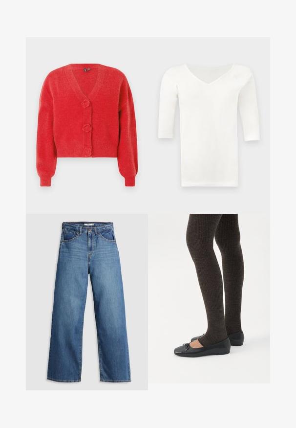 Rød cardigan med V-hals, tre dekorative knapper formet som blomster og ribbede manchetter. Lavet af blødt, struktureret stof. Kort pasform.; Hvid V-hals langærmet skjorte med tætsiddende design, vist fladt mod en lysegrå baggrund.; Blå denim brede jeans med høj talje, der har fem lommer, kontrastsyning og lynlås.; Ben iført mørke ribbede leggings kombineret med sorte balletsko med små sløjfedetaljer på hvid baggrund.