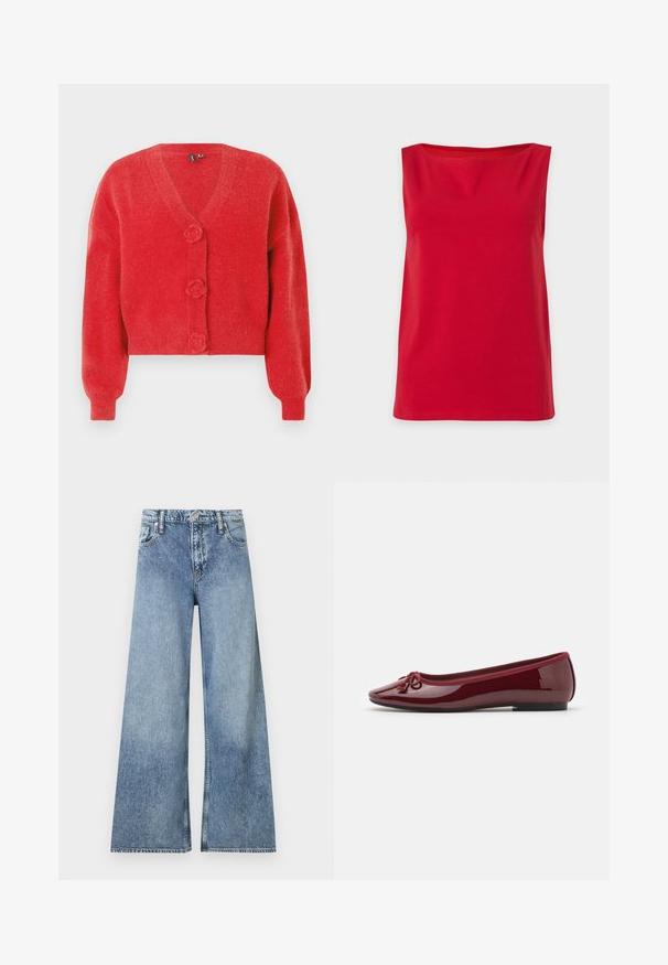 Cardigan rouge avec un col en V, trois boutons décoratifs en forme de fleur et des poignets côtelés. Fabriqué en tissu souple et texturé. Coupe courte.; Haut sans manches rouge vif, à coupe droite et à col montant, présenté sur un fond uni clair.; Jean denim bleu clair à jambes larges avec poches avant, passants pour ceinture, fermeture à bouton et détails délavés.; Ballerines en cuir verni bordeaux brillant, avec un bout arrondi, un nœud décoratif et une semelle noire basse.