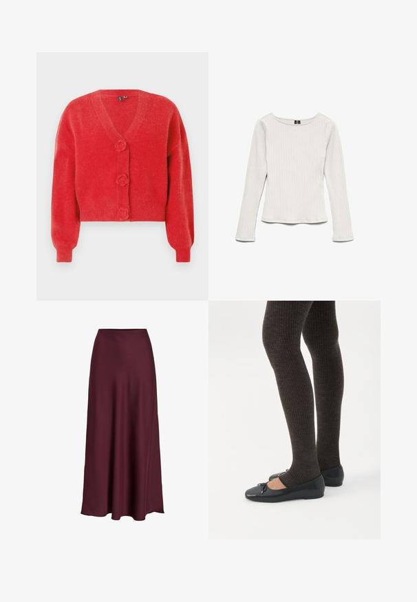 Rød cardigan med V-hals, tre dekorative knapper formet som blomster og ribbede manchetter. Lavet af blødt, struktureret stof. Kort pasform.; Hvid ribstrikket langærmet top med rund halsudskæring, figursyet silhuet og let skæring ved kanten, vist mod en hvid baggrund.; Bordeaux satin maxiskirt med en glat tekstur, høj talje og en flydende silhuet, der svømmer blidt ud mod nederkanten.; Ben iført mørke ribbede leggings kombineret med sorte balletsko med små sløjfedetaljer på hvid baggrund.