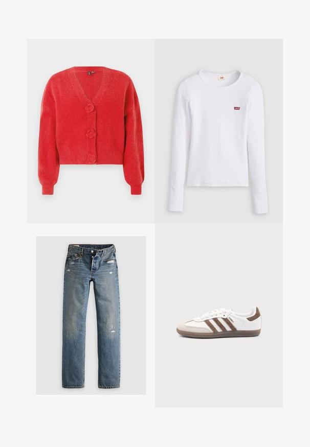 Cardigan rouge avec un col en V, trois boutons décoratifs en forme de fleur et des poignets côtelés. Fabriqué en tissu souple et texturé. Coupe courte.; Chemise Levi's blanche à manches longues avec col rond et petit logo rouge Levi's sur la poitrine gauche, présentée sur un fond uni.; Jean en denim bleu avec une coupe droite, présentant des détails déchirés et des patches décolorés. Le tissu a une finition texturée et des coutures surpiquées.; Baskets Adidas Samba blanches avec des bandes en daim marron, semelle en caoutchouc marron et bout en daim beige, vues du côté extérieur sur un fond uni.