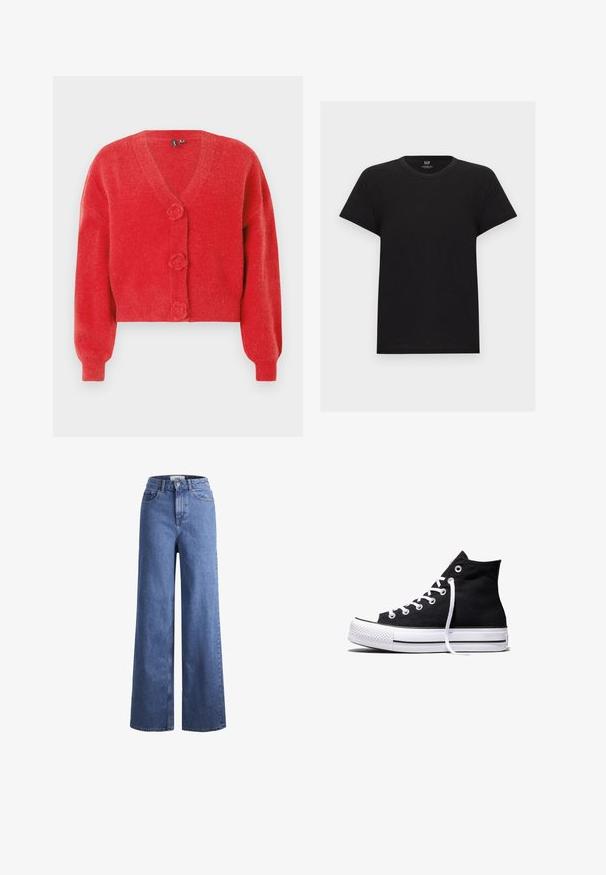 Roter Cardigan mit V-Ausschnitt, drei dekorativen, blumenförmigen Knöpfen und gerippten Bündchen. Hergestellt aus weichem, strukturiertem Stoff. Kurz geschnittene Passform.; Schwarzes kurzärmliges Baumwoll-T-Shirt mit Rundhalsausschnitt, Vorderansicht, schlichtes Design, GAP-Markenetikett im Kragen.; Helleblaue Denim-Weite-Leg-Jeans mit hoher Taille, zwei vorderen Taschen und sichtbarer Naht. Mit Knopf- und Reißverschluss.; Schwarzer High-Top-Canvas-Sneaker mit weißer Gummisohle und weißen Schnürsenkeln, seitlich dargestellt vor weißem Hintergrund.