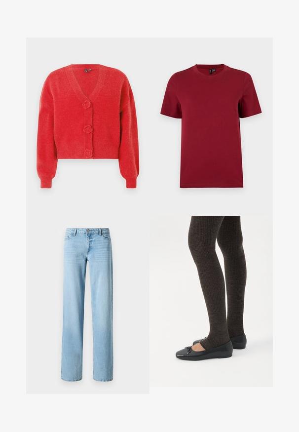 Cardigan rouge avec un col en V, trois boutons décoratifs en forme de fleur et des poignets côtelés. Fabriqué en tissu souple et texturé. Coupe courte.; T-shirt uni à manches courtes et col rond de couleur rouge foncé, présenté à plat sur un fond clair.; Jeans en denim bleu clair, design à jambe droite, avec cinq poches et une fermeture à bouton à l'avant. Texture lisse avec un léger délavage.; Jambes portant des leggings côtelés foncés associés à des ballerines noires avec de petits détails en nœud sur fond blanc.