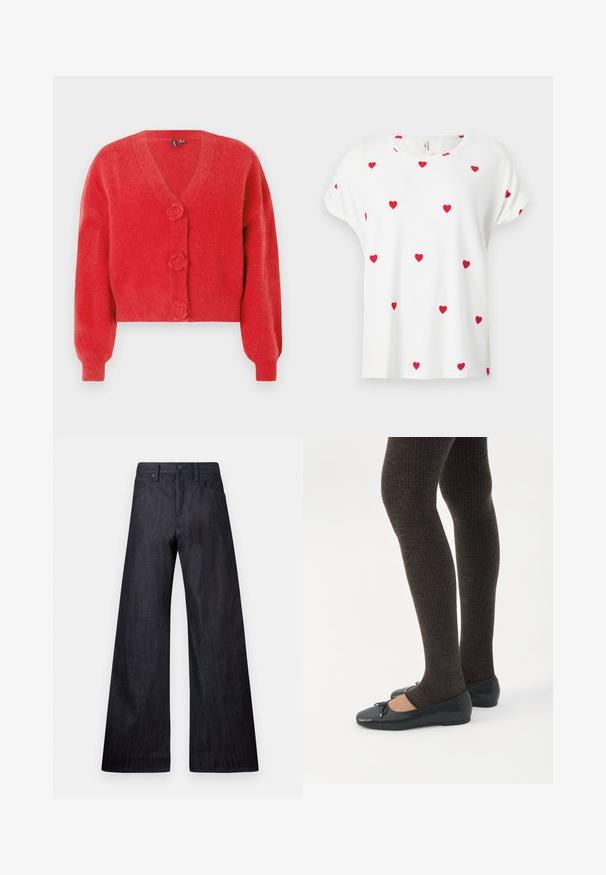 Cardigan rouge avec un col en V, trois boutons décoratifs en forme de fleur et des poignets côtelés. Fabriqué en tissu souple et texturé. Coupe courte.; Chemise blanche à manches courtes avec col rond, décorée de petits motifs de cœurs rouges uniformément espacés sur le devant et les manches.; Jean en denim noir à jambe large présentant une texture lisse, un design traditionnel à cinq poches et un léger éclat, avec une fermeture à bouton.; Jambes portant des leggings côtelés foncés associés à des ballerines noires avec de petits détails en nœud sur fond blanc.