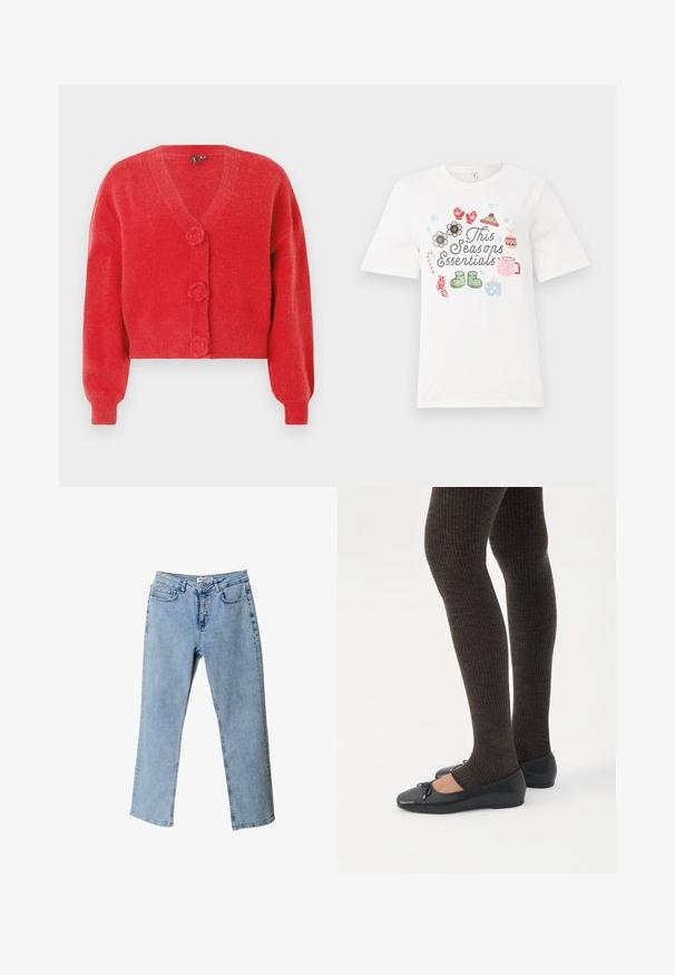 Rød cardigan med V-hals, tre dekorative knapper formet som blomster og ribbede manchetter. Lavet af blødt, struktureret stof. Kort pasform.; Hvid kortærmet T-shirt med et farverigt design med teksten "Dette sæsons essentielle" og forskellige sæsonbestemte illustrationer, herunder blomster og gaver.; Lyseblå denim jeans med lige ben design, fem-lomme stil og en taljebranding. Har lysnede områder for tekstur.; Ben iført mørke ribbede leggings kombineret med sorte balletsko med små sløjfedetaljer på hvid baggrund.