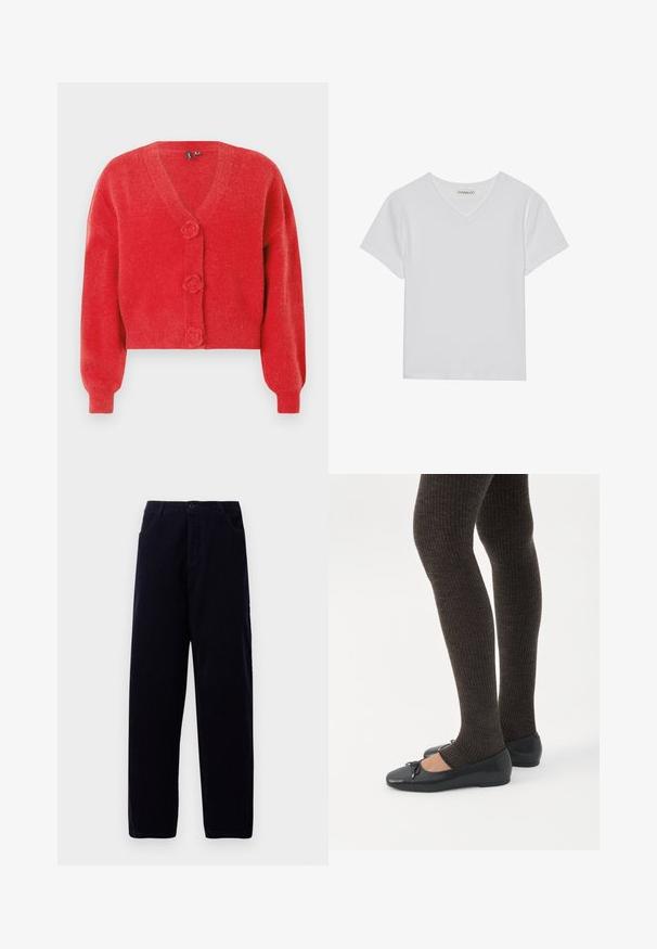 Cardigan rouge avec un col en V, trois boutons décoratifs en forme de fleur et des poignets côtelés. Fabriqué en tissu souple et texturé. Coupe courte.; T-shirt blanc à manches courtes en V, en tissu côtelé. Présente un design épuré avec un ourlet droit et un minimum de détails.; Pantalons en velours côtelé bleu marine foncé à jambe droite, avec poches avant et fermeture à bouton à la taille.; Jambes portant des leggings côtelés foncés associés à des ballerines noires avec de petits détails en nœud sur fond blanc.