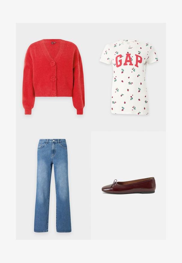 Rød cardigan med V-hals, tre dekorative knapper formet som blomster og ribbede manchetter. Lavet af blødt, struktureret stof. Kort pasform.; Hvid t-shirt med korte ærmer med rød GAP-logo og små røde jordbærmønstre med grønne blade spredt over stoffet.; Lysblå denim jeans med høj talje, vidde ben design, fem lommer og synlige syninger. Glat tekstur med let falmning.; Bordeaux patentlæder balletflad med rund tå, lille sløjfeaccent foran og en lav, sort gummisål. Glat tekstur.