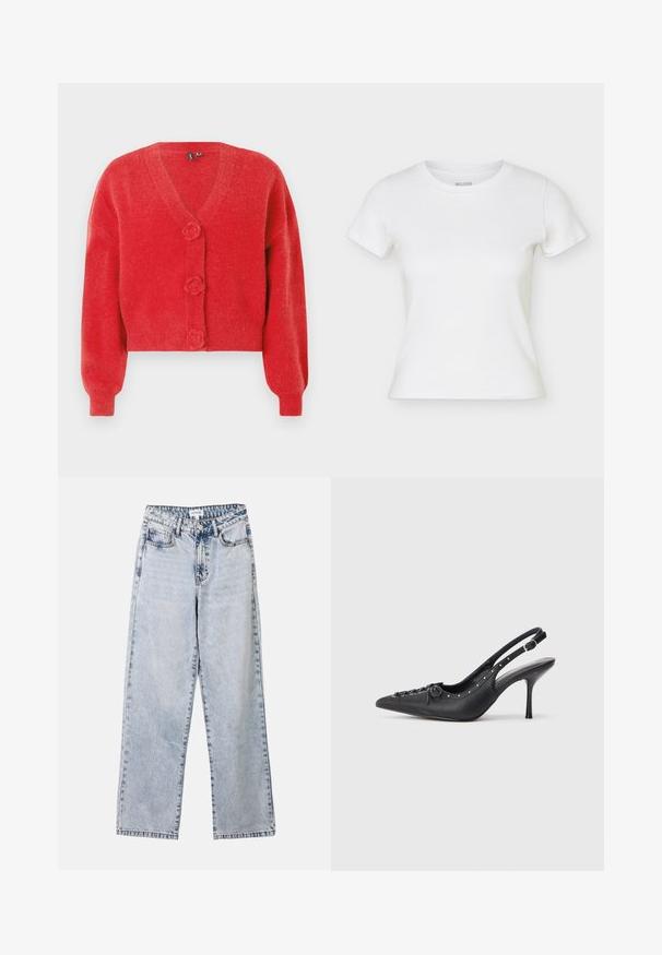 Cárdigan rojo con cuello en V, tres botones decorativos en forma de flor y puños de canalé. Hecho de tela suave y texturizada. Corte cropped.; Camiseta blanca de manga corta ajustada con cuello redondo, presentada plana con costuras laterales ligeramente visibles.; Vaqueros de pierna recta de color azul claro, confeccionados en denim, con dos bolsillos frontales, cierre de botón y costuras en contraste a lo largo de las costuras.; Sandal de tacón stiletto negro de cuero con punta afilada, correa lateral con hebilla, tachuelas a lo largo del borde y cordones decorativos en la parte delantera.