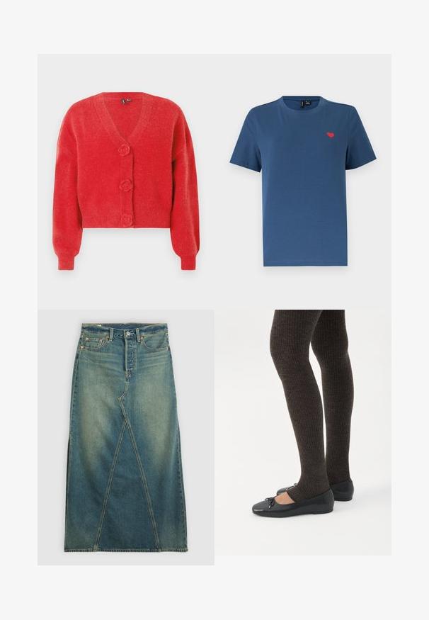 Rød cardigan med V-hals, tre dekorative knapper formet som blomster og ribbede manchetter. Lavet af blødt, struktureret stof. Kort pasform.; Blå kortærmet T-shirt med rund hals og et lille rødt hjerteemblem på venstre bryst mod en ensfarvet hvid baggrund.; Denim nederdel med høj talje i mellemblå. Har en markant frontnaht, sideskår og standard fem-lomme design.; Ben iført mørke ribbede leggings kombineret med sorte balletsko med små sløjfedetaljer på hvid baggrund.
