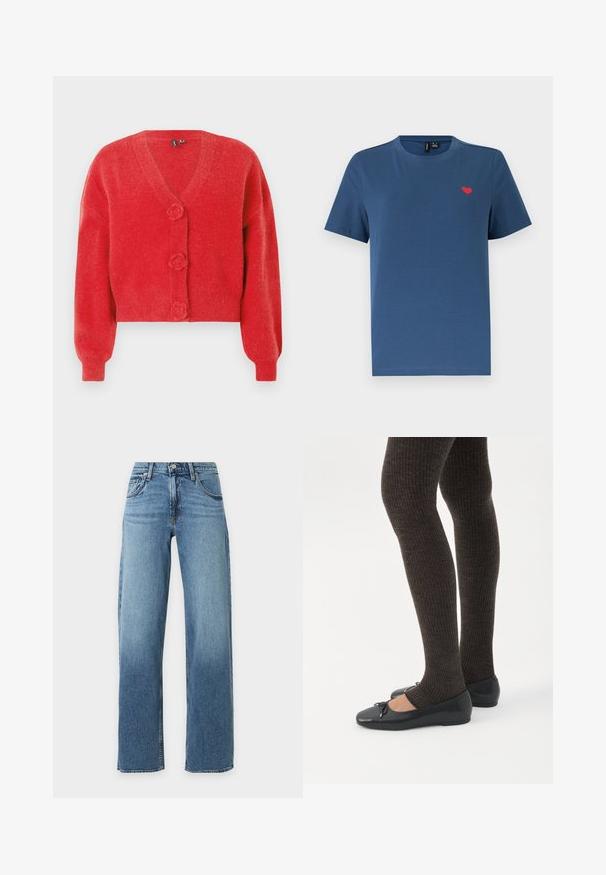 Cardigan rouge avec un col en V, trois boutons décoratifs en forme de fleur et des poignets côtelés. Fabriqué en tissu souple et texturé. Coupe courte.; T-shirt bleu à manches courtes et col rond avec un petit emblème en forme de cœur rouge sur le côté gauche de la poitrine, sur un fond blanc uni.; Jean bleu taille haute à jambes droites avec poches avant, passants de ceinture, et fermeture par bouton et fermeture éclair.; Jambes portant des leggings côtelés foncés associés à des ballerines noires avec de petits détails en nœud sur fond blanc.