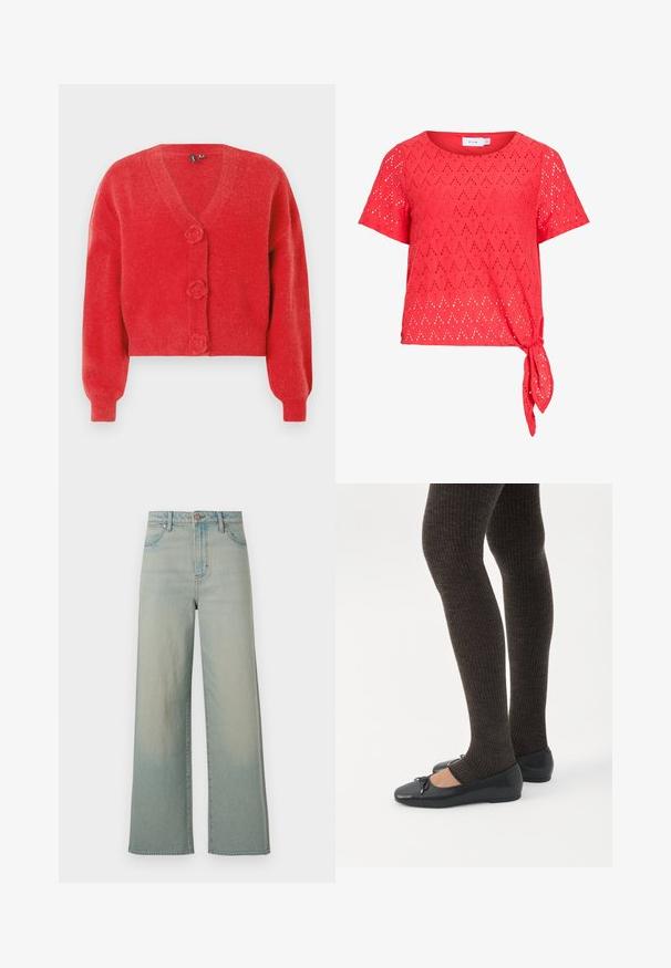 Cárdigan rojo con cuello en V, tres botones decorativos en forma de flor y puños de canalé. Hecho de tela suave y texturizada. Corte cropped.; Blusa roja de manga corta con patrón de ojales en forma de diamante y detalle de lazo lateral en el dobladillo, hecha de tela ligera.; Wrangler LOOSE STRAIGHT - Vaqueros holgados - silver lake; Piernas con leggings oscuros acanalados combinados con bailarinas negras que presentan pequeños detalles de lazo sobre un fondo blanco.