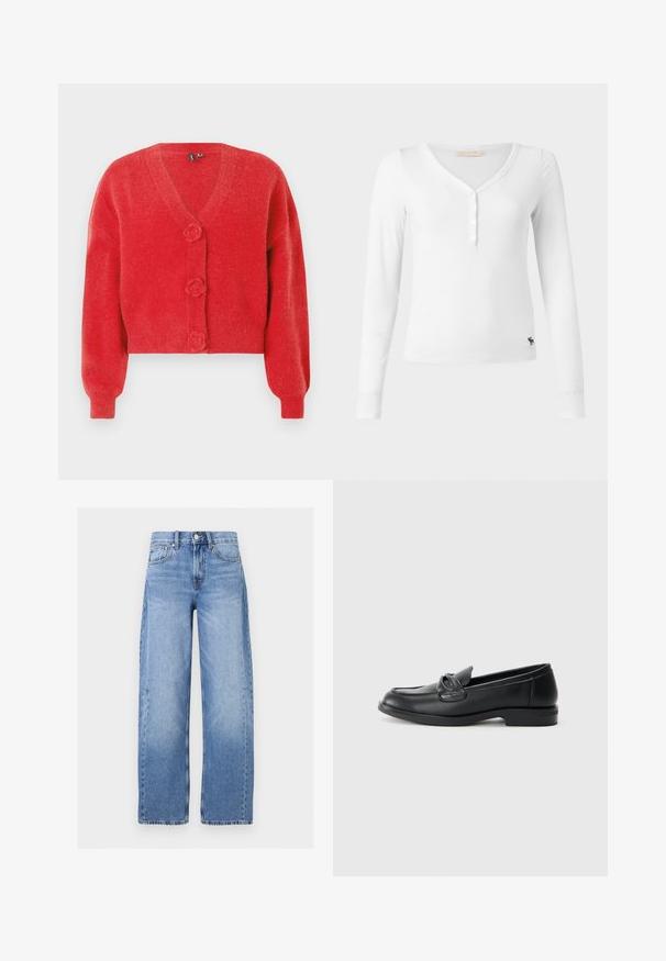 Rød cardigan med V-hals, tre dekorative knapper formet som blomster og ribbede manchetter. Lavet af blødt, struktureret stof. Kort pasform.; Hvid langærmet V-hals henley-shirt med fire frontknapper og lille sort elg-logo nær den nederste kant, vist på ensfarvet baggrund.; Høj talje, lyseblå denim jeans med vide ben, forreste knapper og lynlås, bæltestropper og fem-lomme-design.; Sorte læder loafers med rund tå, en syet design og en sløjfeaccent på overlappen. Lav blokhæl og glat tekstur.