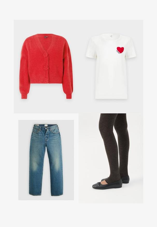 Rode cardigan met een V-hals, drie decoratieve knopen in de vorm van bloemen en geribbelde manchetten. Gemaakt van zachte, getextureerde stof. Cropped fit.; Witte T-shirt met korte mouwen met een rode hart en het woord "AMOUR" gedrukt op de linkerkant van de borst.; Levi's® 501® '90S ANKLE - Straight leg jeans - blank slate; Benen met donkere geribbelde leggings gecombineerd met zwarte ballerina's met kleine strikdetails op een witte achtergrond.