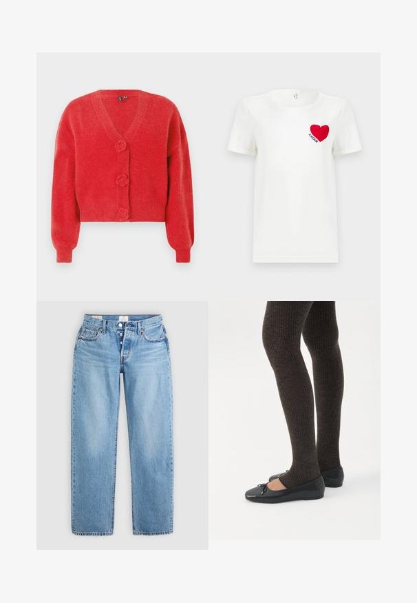 Rød cardigan med V-hals, tre dekorative knapper formet som blomster og ribbede manchetter. Lavet af blødt, struktureret stof. Kort pasform.; Hvid T-shirt med korte ærmer, prydet med et rødt hjerte og ordet "AMOUR" trykt på venstre bryst.; Lysblå denim jeans med lige snit, fem lommer og knaplukning. Har syet detaljer og en ren kant.; Ben iført mørke ribbede leggings kombineret med sorte balletsko med små sløjfedetaljer på hvid baggrund.