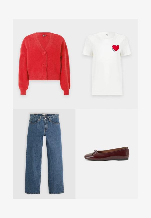 Rød cardigan med V-hals, tre dekorative knapper formet som blomster og ribbede manchetter. Lavet af blødt, struktureret stof. Kort pasform.; Hvid T-shirt med korte ærmer, prydet med et rødt hjerte og ordet "AMOUR" trykt på venstre bryst.; Blå denim jeans med lige pasform, der har fem lommer, knaplukning og kontrastsyninger langs sømmene.; Bordeaux patentlæder balletflad med rund tå, lille sløjfeaccent foran og en lav, sort gummisål. Glat tekstur.
