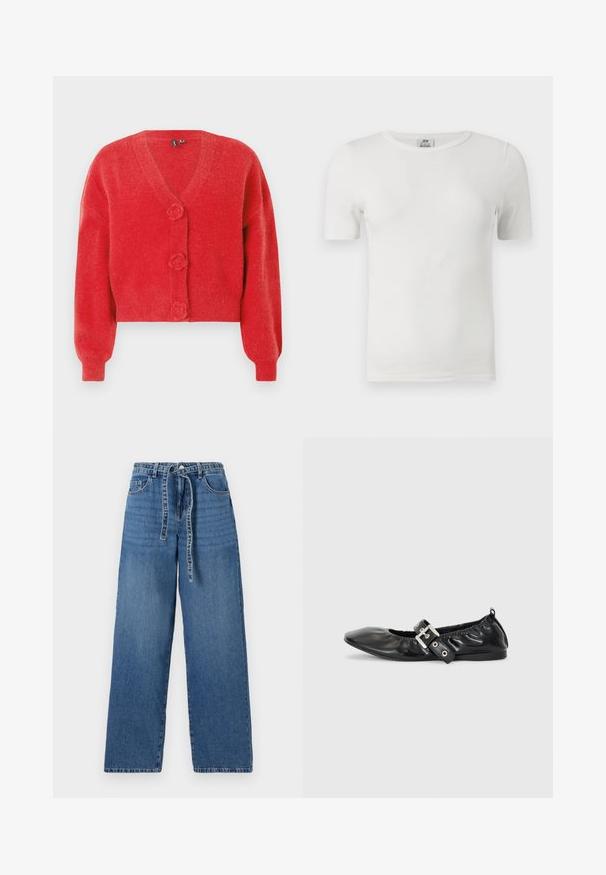 Cárdigan rojo con cuello en V, tres botones decorativos en forma de flor y puños de canalé. Hecho de tela suave y texturizada. Corte cropped.; Camiseta blanca de manga corta con cuello redondo y costillas, con corte ajustado y etiqueta de la marca JDY en el interior del cuello.; Jeans de denim azul claro de pierna ancha con cintura alta, que presentan un cierre con lazo, dos bolsillos frontales y un patrón ligeramente deslavado.; Zapato plano de piel negra con puntera afilada, detalle fruncido alrededor de la abertura y un acento de hebilla plateada en la correa ajustable.
