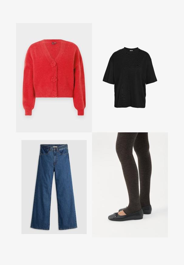 Rød cardigan med V-hals, tre dekorative knapper formet som blomster og ribbede manchetter. Lavet af blødt, struktureret stof. Kort pasform.; Sort oversized T-shirt med korte ærmer og rund hals, enkelt design med en lille label ved halslinningen.; Bredde ben blå denim jeans med høj talje, der har et klassisk fem-lomme design og en tekstureret taljebånd.; Ben iført mørke ribbede leggings kombineret med sorte balletsko med små sløjfedetaljer på hvid baggrund.